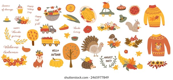 Autumn fall thanksgiving elements set with harvest icons. Collection of fall leaves, farm stickers, animal characters and turkey, cornucopia. Hand drawn autumn characters and harvest, food vectors.