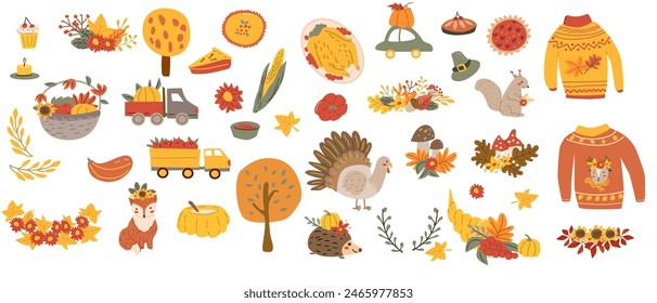 Autumn fall thanksgiving elements set with harvest icons. Collection of fall leaves, farm stickers, animal characters and turkey, cornucopia. Hand drawn autumn characters and harvest, food vectors.