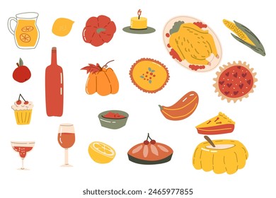 Autumn fall thanksgiving elements set with harvest icons. Collection of fall leaves, farm stickers, animal characters and turkey, cornucopia. Hand drawn autumn characters and harvest, food vectors.