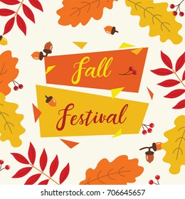 Autumn, fall, Thanksgiving festival banner template with retro geometric label, oak leaves, acorns and cranberries. Perfect design for gift box, promo banner, flyer, poster, party or event invitation