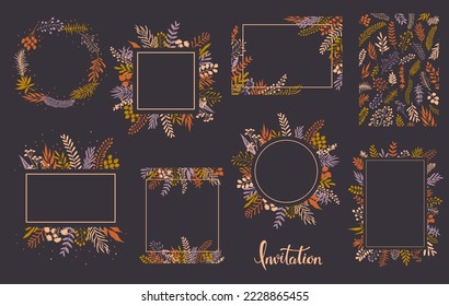 autumn fall thanksgiving frames borders floral botanical foliage branches backgrounds set, vector illustration graphics