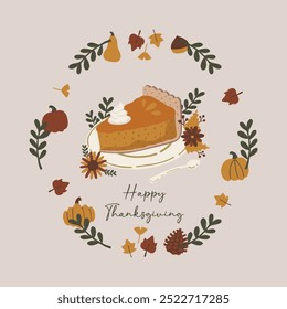 Autumn Fall Thanksgiving garland wreath  concept design. Cozy flat hand drawn pumpkin pie spice elements illustration. For present tags, card, scrapbooking, invitation, social media, post, prints