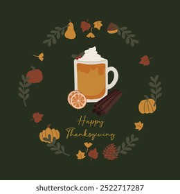 Autumn Fall Thanksgiving garland wreath  concept design. Cozy flat hand drawn latte spice elements illustration. For present tags, card, scrapbooking, invitation, social media, post, prints