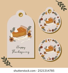 Autumn Fall Thanksgiving gift tag cards. Cozy flat hand drawn pumpkin pie spice design elements illustration. For present tags, card, scrapbooking, invitation, social media, post, prints