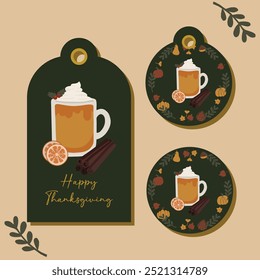 Autumn Fall Thanksgiving gift tag cards. Cozy flat hand drawn spice latte design elements illustration. For present tags, card, scrapbooking, invitation, social media, post, prints