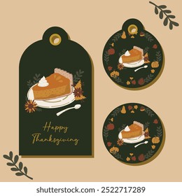 Autumn Fall Thanksgiving gift tag cards. Cozy flat hand drawn pumpkin pie spice design elements illustration. For present tags, card, scrapbooking, invitation, social media, post, prints