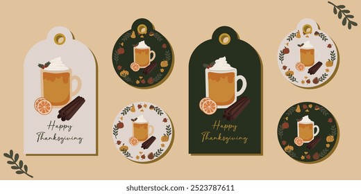 Autumn Fall Thanksgiving gift tag cards collection. Cozy flat hand drawn spice latte, pumpkin pie  design elements illustration. For present tags, card, scrapbooking, invitation, prints