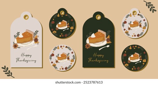 Autumn Fall Thanksgiving gift tag cards collection. Cozy flat hand drawn spice latte, pumpkin pie  design elements illustration. For present tags, card, scrapbooking, invitation, prints