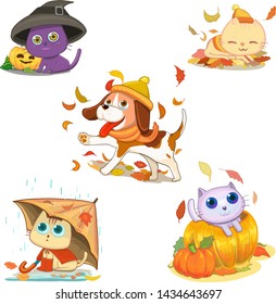 autumn fall thanksgiving Halloween cute cartoon cat and dog vector