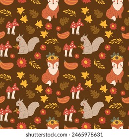 Fondo del festival de la cosecha del otoño de acción de gracias con el animal del zorro. Se puede utilizar para la tarjeta de felicitación, póster, volante, textil, ropa. Patrón sin fisuras con lindo zorro animal de otoño y hojas, hongos.