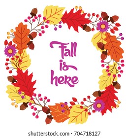 Autumn, fall, Thanksgiving, harvest wreath, frame with colorful leaves, viburnum, acorns, flowers, berries. For banner, flyer, post or greeting or birthday or holiday card, invitation, announcement