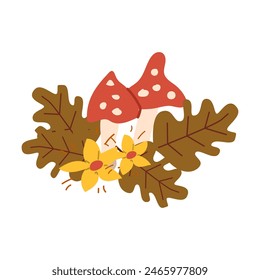 Autumn fall thanksgiving leaves composition for decoration, holiday greeting cards elements with mushroom and flowers