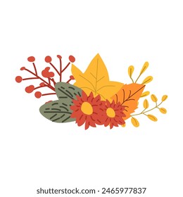 Autumn fall thanksgiving leaves composition for decoration, holiday greeting cards elements with mushroom and flowers