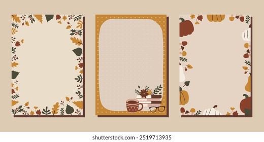 Autumn Fall Thanksgiving notes and letters concept print template set collection. Pastel flat illustration. For letter writing, scrapbooking, invitation, greeting card. A4 format