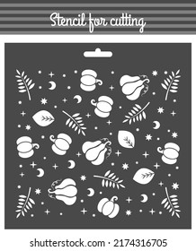 Autumn, fall, Thanksgiving pattern theme stencil for cutting and scrapbooking. Pumpkins, tree branch,leaves, moon and stars. Template for  cards, invitations. Suitable for laser, plotter cutting.