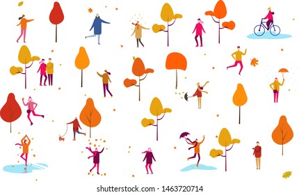 autumn fall thanksgiving people outdoor home cartoon vector illustration scene set, man woman couples children walk with umbrellas, dogs, spend time in the park, ride bikes, read book, paint.