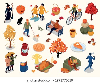 Autumn fall thanksgiving roasted turkey halloween attributes harvest pumpkin pie rain outdoor activities isometric set vector illustration