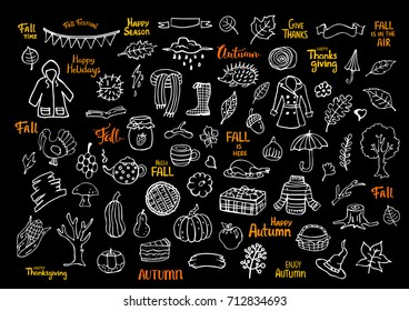 autumn fall thanksgiving seasonal sketched silhouettes objects doodles set collection in white color over black background