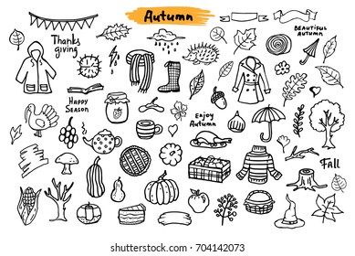 autumn fall thanksgiving seasonal sketchy silhouettes objects, grungy doodle set collection in black color