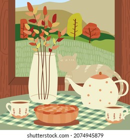 Autumn, Fall and Thanksgiving. Vector illustration, two cups of coffee and pumpkin pie. A cat looks out the window, the atmosphere of autumn. Hand drawn