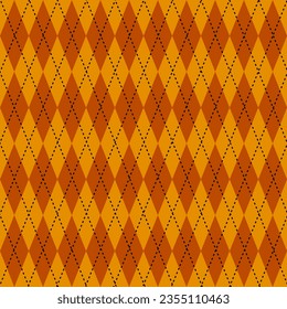 Autumn or fall theme Argyle plaid seamless pattern in orange and brown color and cross with black dot line. Scottish pattern of diamond shape. Use for background , wallpaper, card, cover or decoration