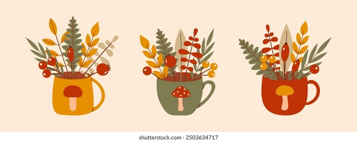 Autumn Fall Themed Botanical Mug Trio Vector Set with Leaves and Mushrooms Seasonal Decor Designs. Print ready scalable graphic design elements for stickers, posters, postcard, wall art decoration