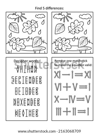 Autumn or fall themed puzzle page with 3 puzzles: find differences; decipher coded words; roman numerals. Black and white. Letter sized.
