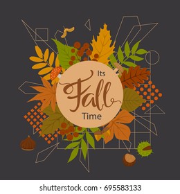 its autumn fall time park forest leaves arrangement with geometric elements on black background