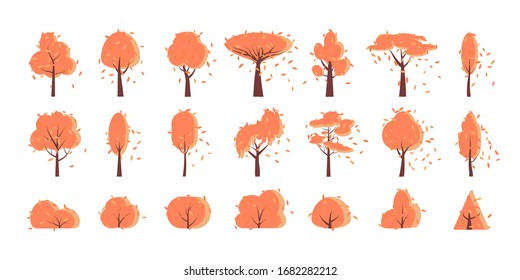 Autumn fall tree, bush, flat cartoon icon set. Creative different shape simple orange forest garden trees, symbol. Season yellow falling leaf plant of park sign. Isolated on white vector illustration