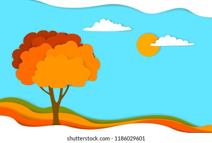 autumn fall tree landscape in digital layered effect paper cut style vector illustration
