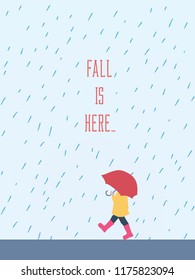 Autumn of fall vector illustration of a child walking in rain with umbrella, raincoat and rubber boots. Seasonal poster design. Eps10 vector illustration.