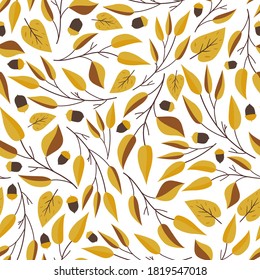 Autumn fall vector seamless pattern. Yellow falling leaves, acorns, branches. Isolated design elements. Seasonal background for wallpaper, wrapping paper, textile, scrapbooking. Flat cartoon design. 