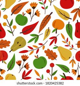 Autumn fall vector seamless pattern. Falling leaves, apples, pears. Harvesting. Isolated design elements. Seasonal background for wallpaper, wrapping paper, textile, scrapbooking. Flat cartoon design.