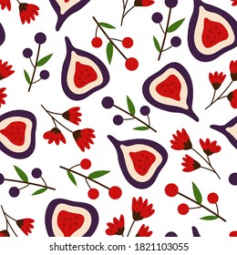 Autumn fall vector seamless pattern. Ripe figs, flowers, berries. Harvesting. Isolated design elements. Seasonal background for wallpaper, wrapping paper, textile, scrapbooking. Flat cartoon design.