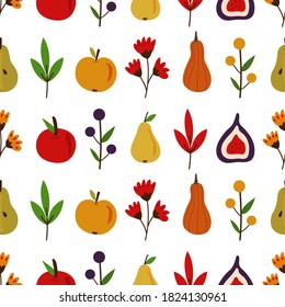 Autumn fall vector seamless pattern. Falling leaves, apples, pears, figs. Harvesting. Isolated elements. Seasonal background for wallpaper, wrapping paper, textile, scrapbooking. Flat cartoon design.