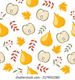 Autumn fall vector seamless pattern. Harvesting. Isolated design elements.  Falling leaves, apples, pears. Seasonal background for wallpaper, wrapping paper, textile, scrapbooking.
