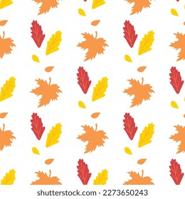 Autumn fall vector seamless pattern. Yellow, orange and red leaves. Cute hand drawn harvest seasonal farmhouse illustration on white background