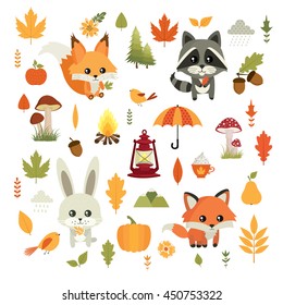 Autumn. Fall. Vector set. Cute forest animals. Rabbit, fox, raccoon, squirrel