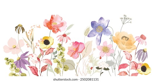 Autumn and fall watercolor arrangements with small flower. Botanical illustration minimal style.