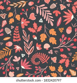 Autumn and Fall woodland pattern design in warm colours. Cute tossed vector seamless repeat illustration of foliage, berries, acorns and mushrooms. 