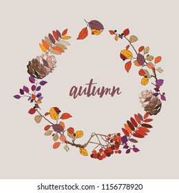 Autumn fall wreath circle brunch leaves barries foliage orange red colorful vector text  