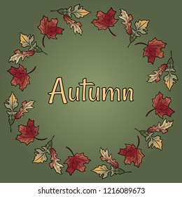 Autumn fall wreath circle brunch leaves barries foliage orange red colorful vector text