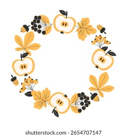 Otoño otoño corona o marco circular con hojas nueces manzanas frutas y bayas en estilo plano para tarjetas de temporada y carteles