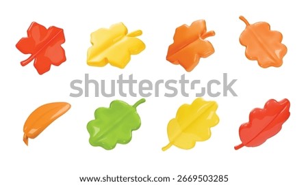 Autumn fallen leaves. 3d fall leaf autumnal set, september forest maple, oak leaves , botanical design render elements set isolated on white background.