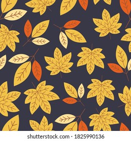 Autumn fallen leaves and berries flat illustration, seamless pattern, Autumnal wallpaper or textile design in vector