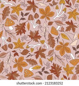 Autumn fallen leaves Fall Mushrooms vector seamless pattern. Boho forest leaf litter toadstool background. Groovy Halloween woodland surface design.