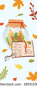 Autumn fallen leaves in jar, poster lovely concept fall organic foliage, cozy read book poster flat vector illustration, isolated on white. Banner harvest end year, preparation winter.