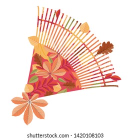 Autumn fallen leaves with rake design illustration.