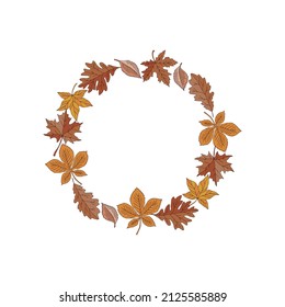 Autumn fallen leaves wreath vector illustration isolated on white. Boho forest leaf litter round frame. Botanical fall arrangement for Halloween or Thanksgiving Day.