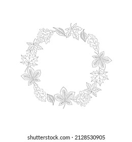 Autumn Fallen Leaves Wreath Vector Illustration Isolated On White. Boho Colouring Page Forest Leaf Litter Round Frame. Botanical Fall Arrangement For Halloween Or Thanksgiving Day.